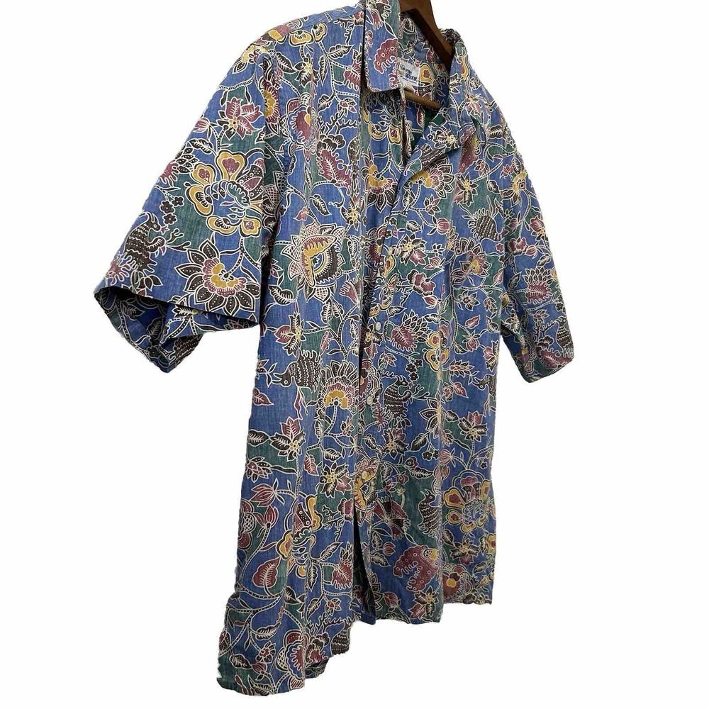 Reyn Spooner Floral Bird Blue Hawaiian Reverse Print Popover Shirt XL